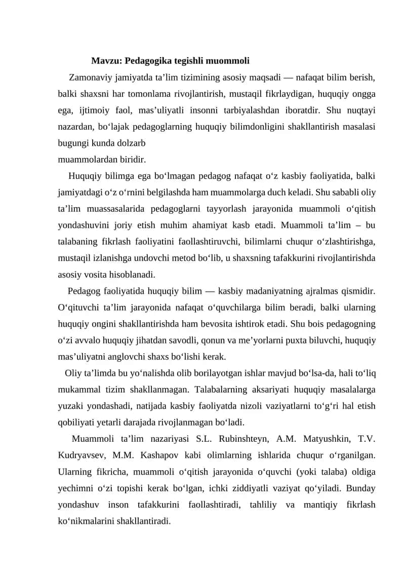 Pedagogika tegishli muommoli 1