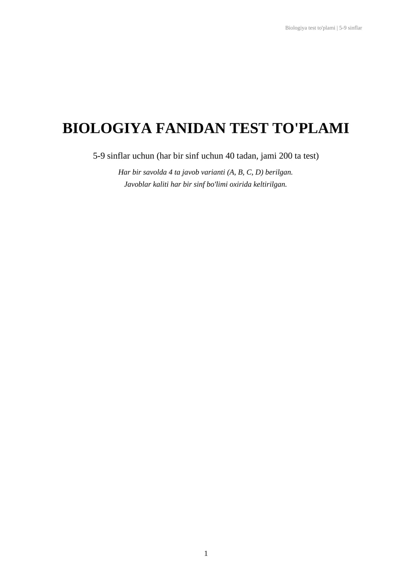 Biologiya fanidan testlar javobi bilan 5-9 sinflar 1