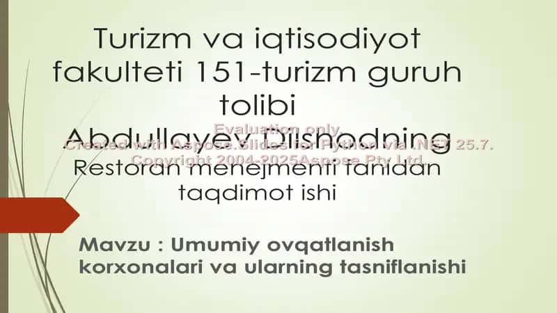 Umumiy ovqatlanish korxonalari va ularning tasniflanishi 1