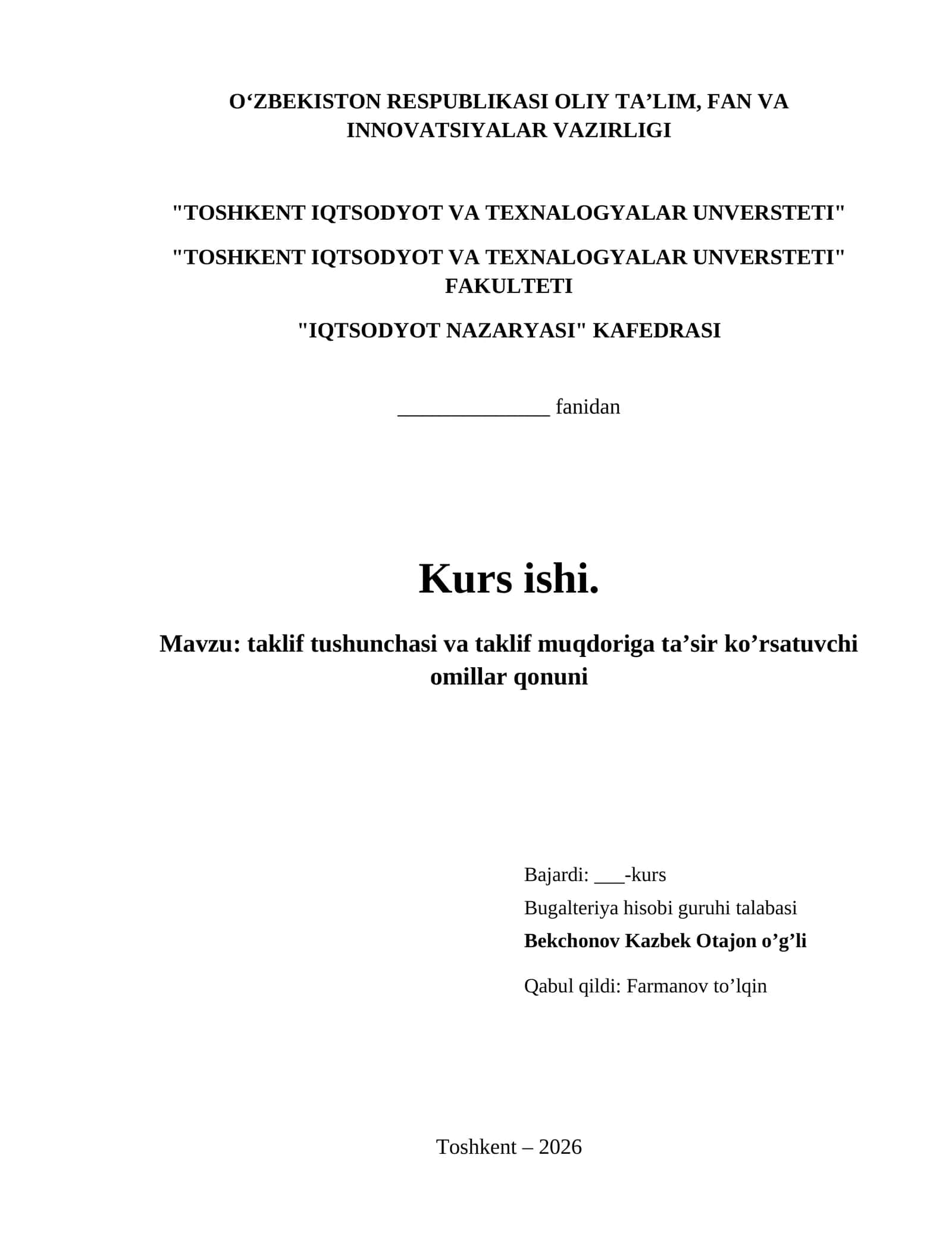 taklif tushunchasi va taklif muqdoriga ta’sir ko’rsatuvchi omillar qonuni 1