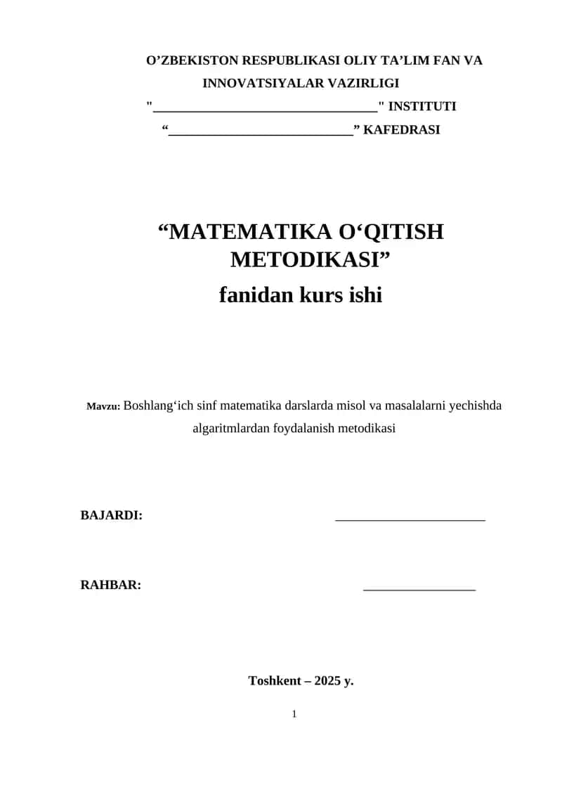 Boshlang‘ich sinf matematika darslarda misol va masalalarni yechishda algoritmlardan foydalanish metodikasi 1