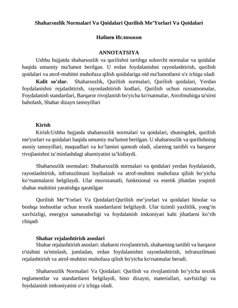 Shaharsozlik Normalari Va Qoidalari Qurilish MeʼYorlari Va Qoidalari 1