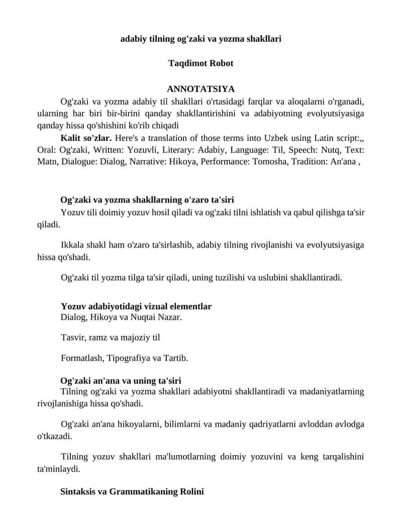Og'zaki va yozma adabiy til shakllari 1