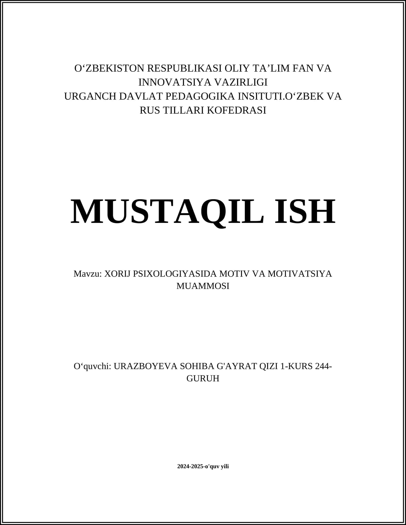 XORIJ PSIXOLOGIYASIDA MOTIV VA MOTIVATSIYA MUAMMOSI 1