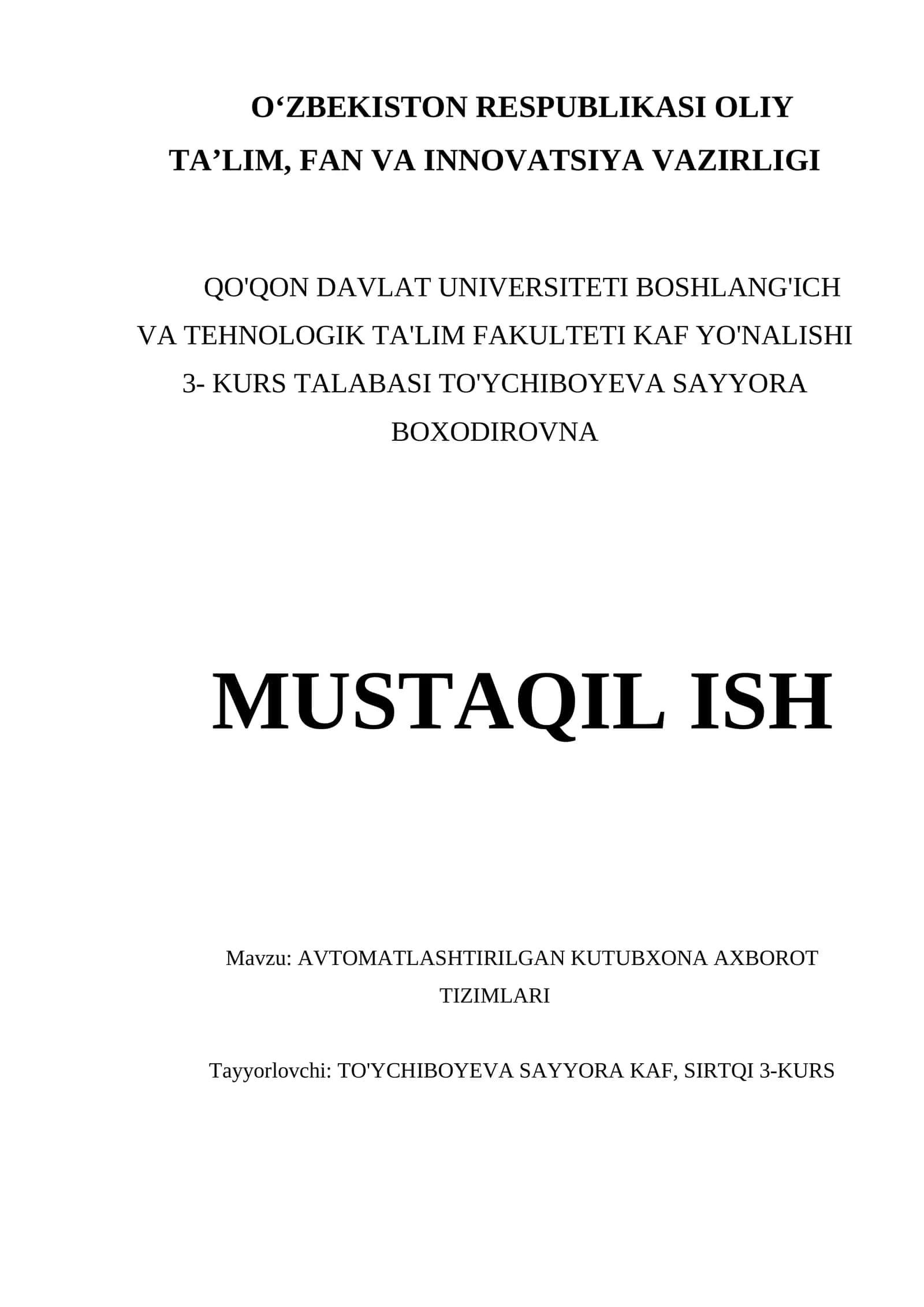 AVTOMATLASHTIRILGAN KUTUBXONA AXBOROT TIZIMLARI 1