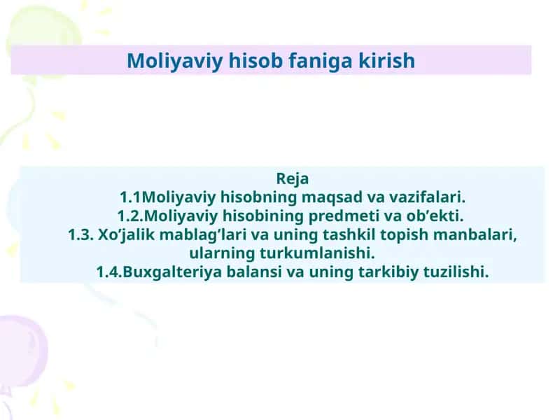 Moliyaviy hisob faniga kirish 1