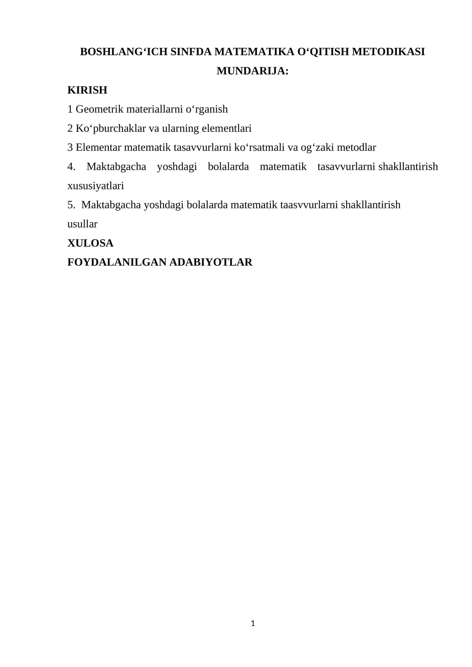 BOSHLANG‘ICH SINFDA MATEMATIKA O‘QITISH METODIKASI 1