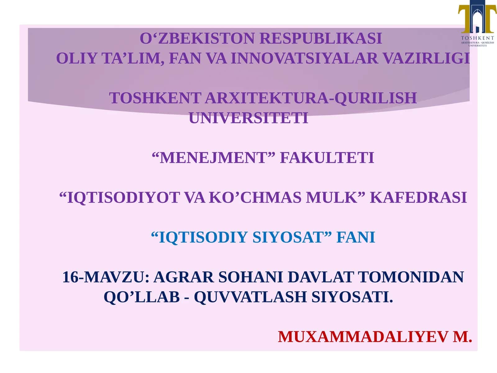 Agrar Sohani Davlat Tomonidan Qo’llab - Quvvatlash Siyosati 1