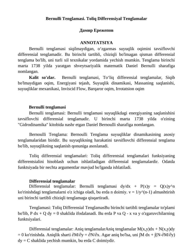 Bernulli Tenglamasi 1