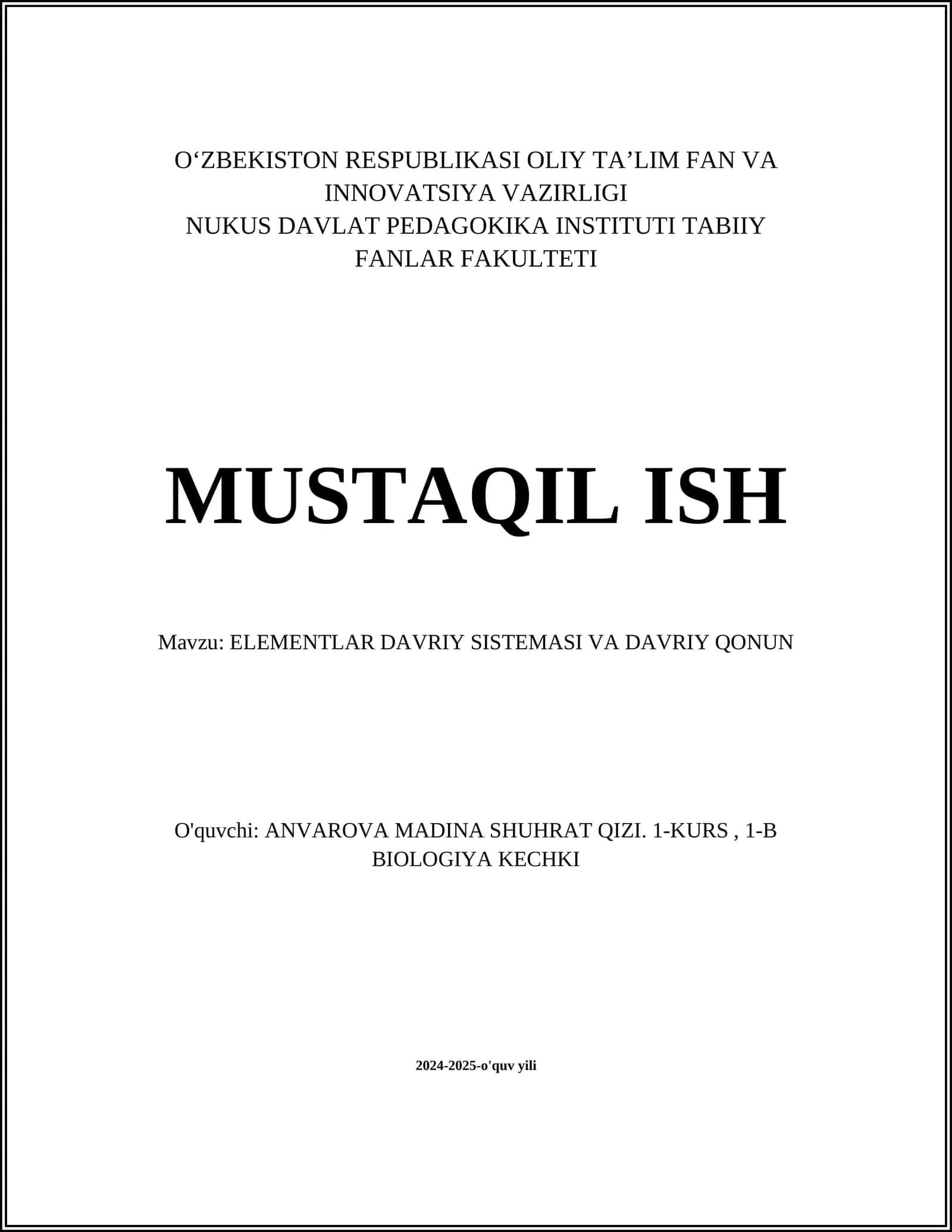 ELEMENTLAR DAVRIY SISTEMASI VA DAVRIY QONUN 1