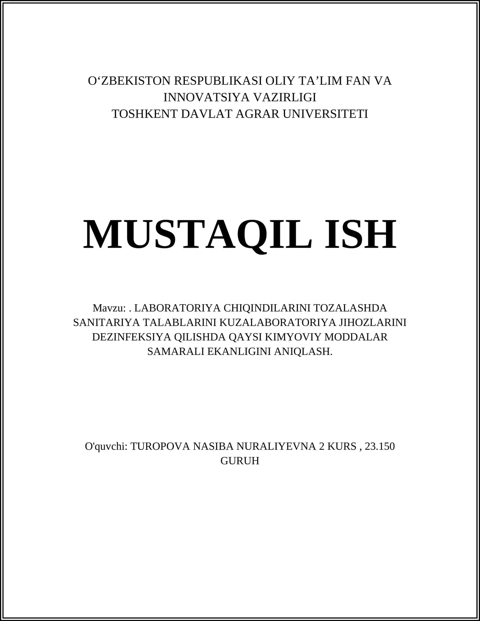 LABORATORIYA CHIQINDILARINI TOZALASHDA SANITARIYA TALABLARINI KUZALABORATORIYA JIHOZLARINI DEZINFEKSIYA QILISHDA QAYSI KIMYOVIY MODDALAR SAMARALI EKANLIGINI ANIQLASH 1