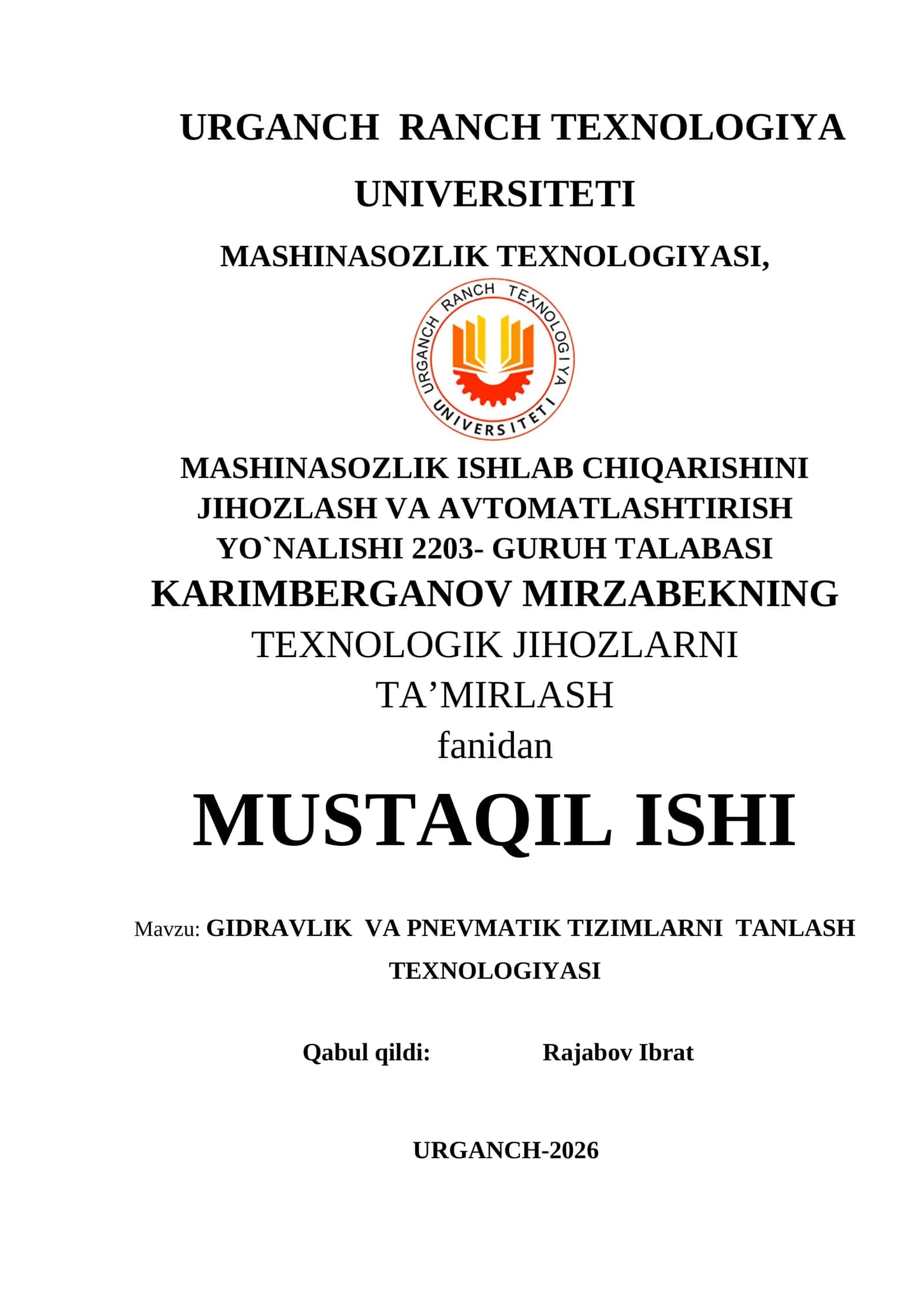 GIDRAVLIK VA PNEVMATIK TIZIMLARNI TANLASH TEXNOLOGIYASI 1
