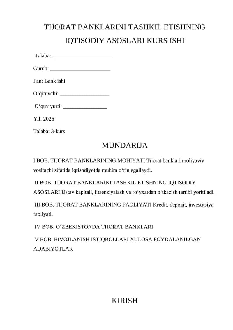 TIJORAT BANKLARINI TASHKIL ETISHNING IQTISODIY ASOSLARI 1