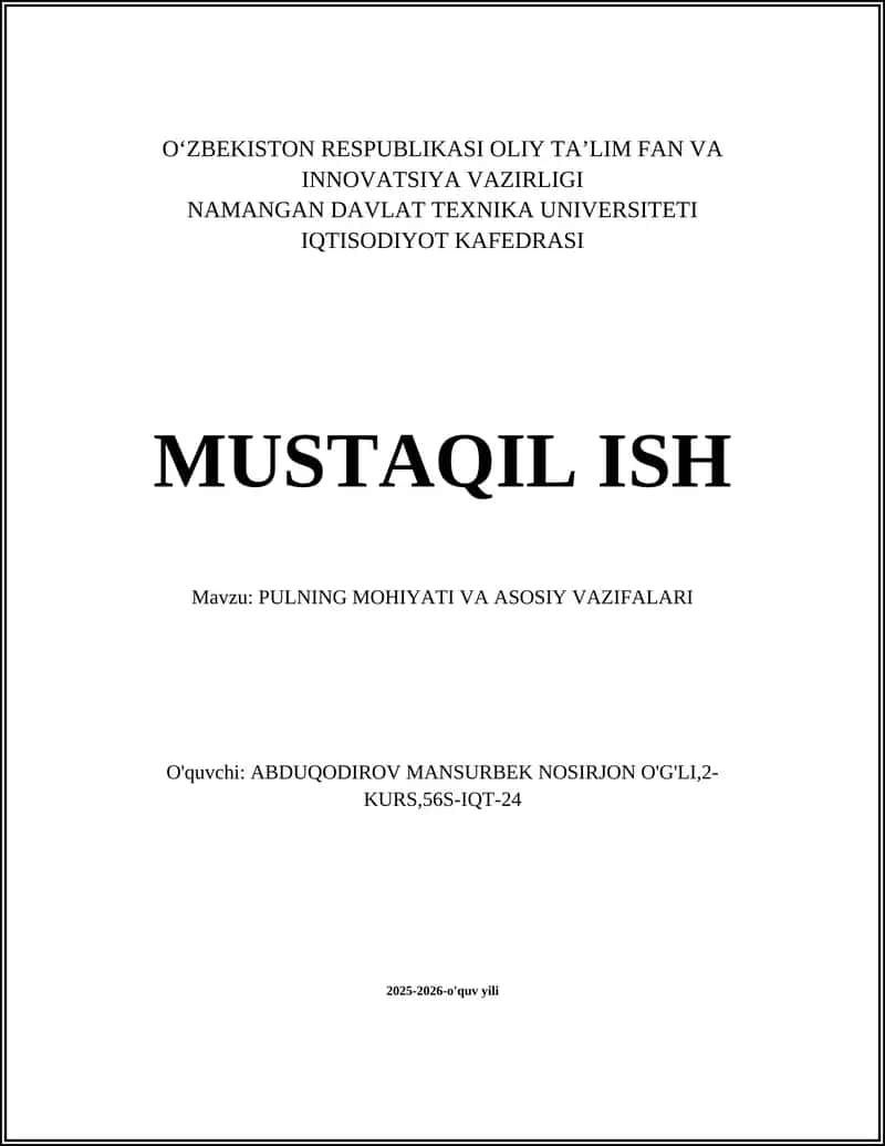 PULNING MOHIYATI VA ASOSIY VAZIFALARI 1