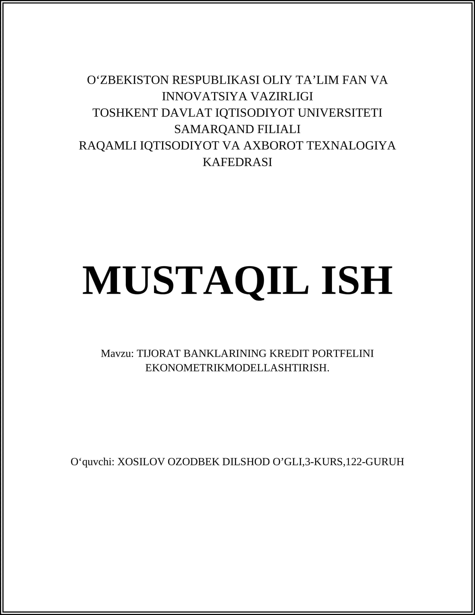 TIJORAT BANKLARINING KREDIT PORTFELINI EKONOMETRIK MODELLASHTIRISH 1