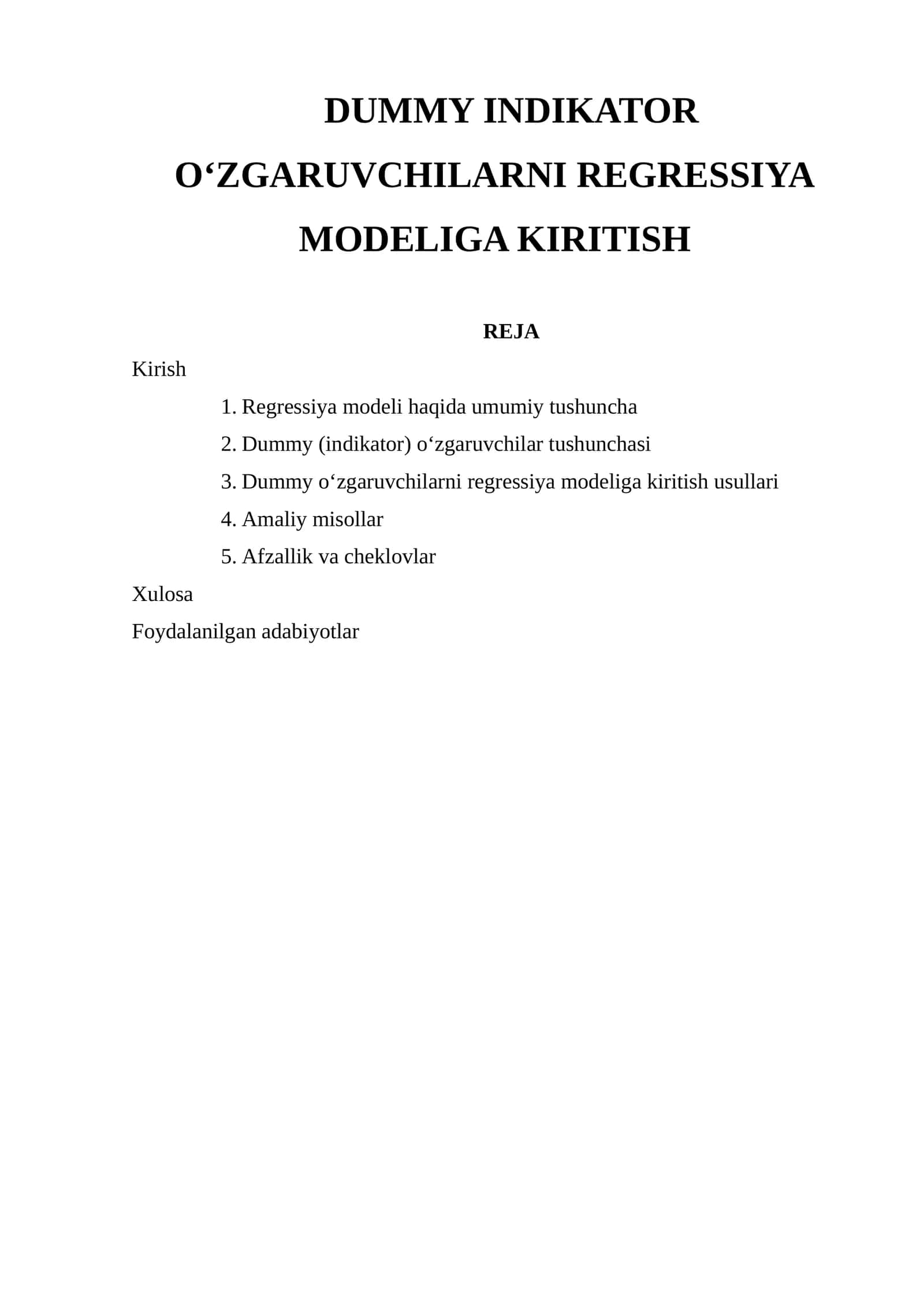 Dummy Indikator o‘zgaruvchilarni Regressiya Modeliga Kiritish 1