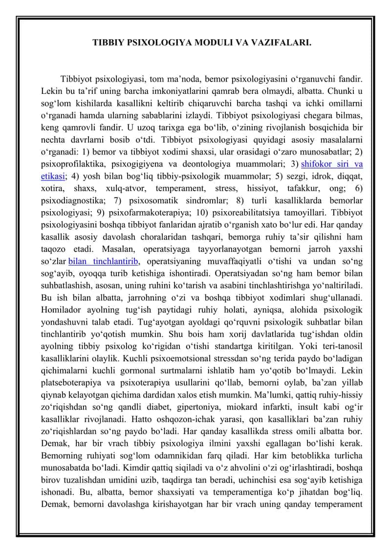 Tibbiy Psixologiya moduli va vazifalari 1