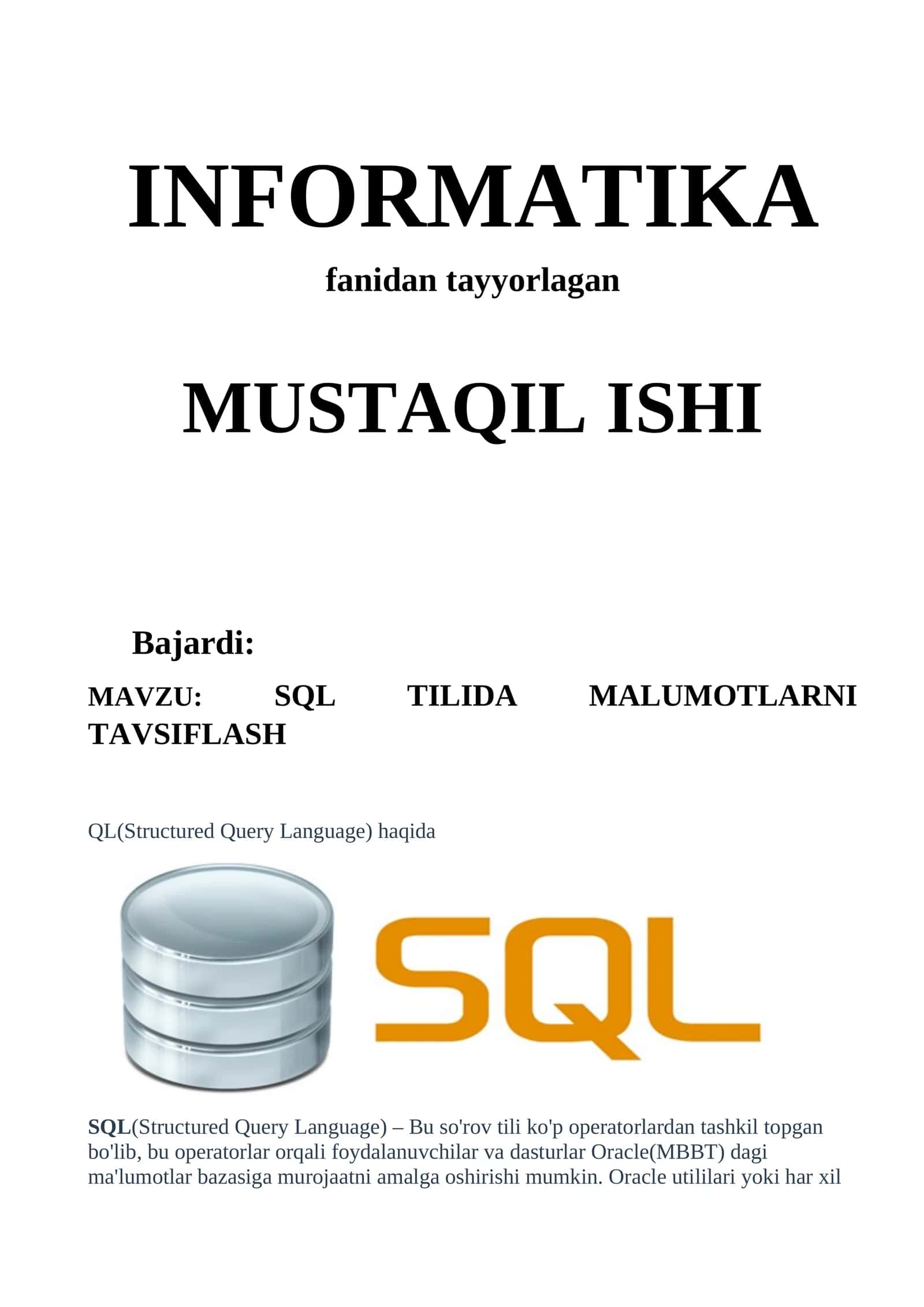 SQL TILIDA MALUMOTLARNI TAVSIFLASH 1