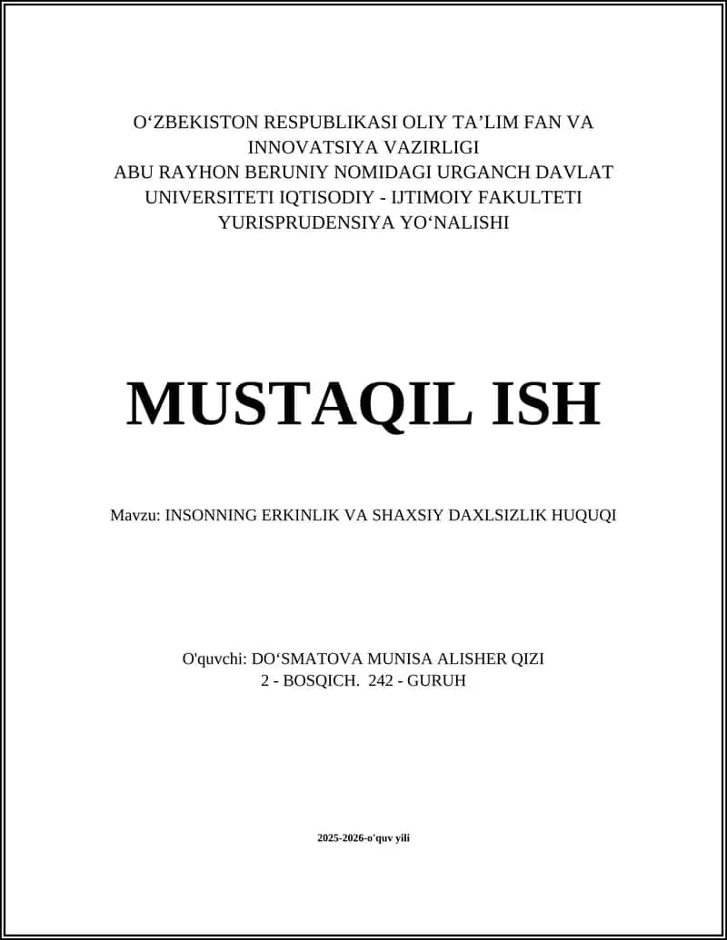Insonning Erkinlik va Shaxsiy Daxlsizlik Huquqi 1