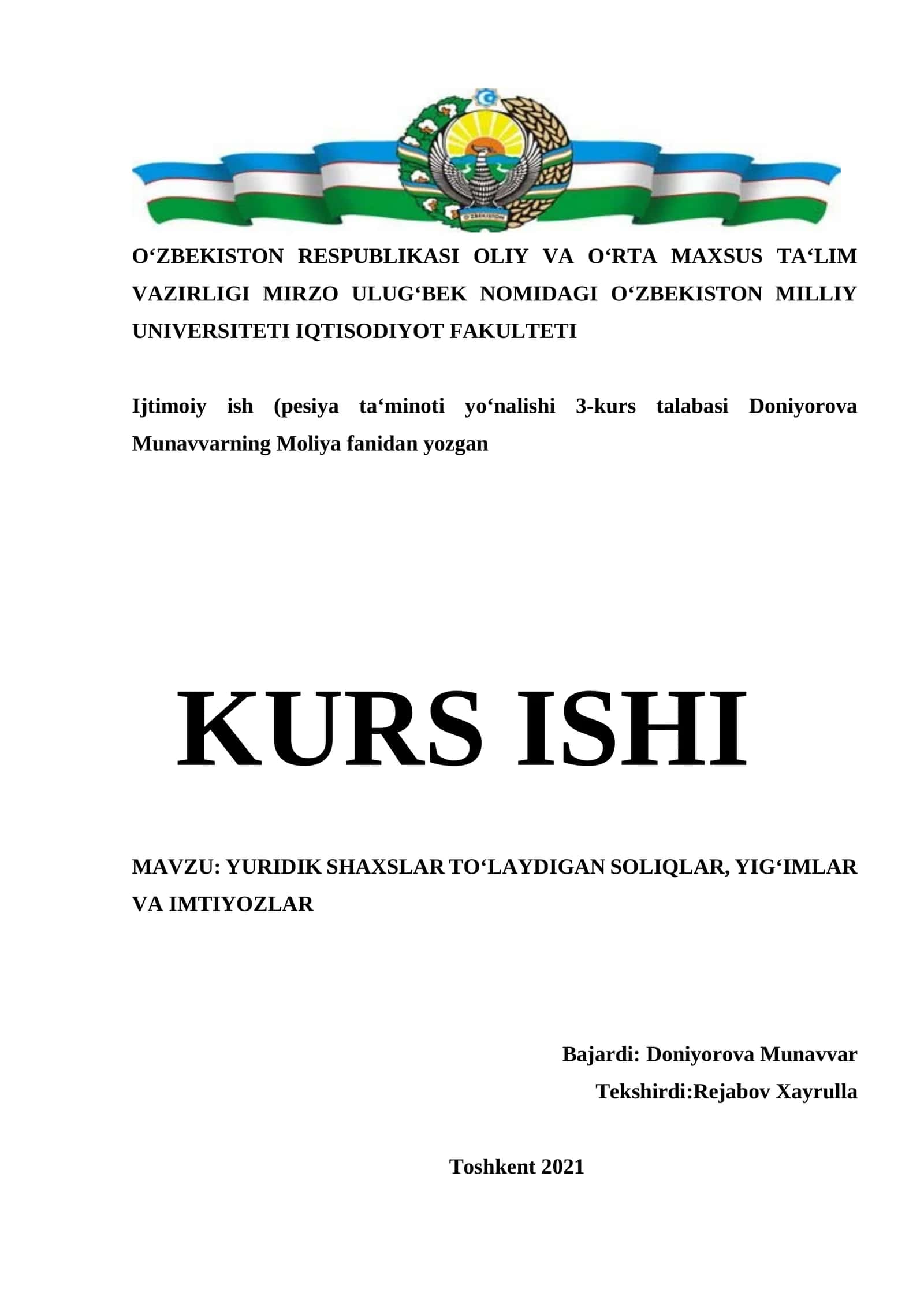 MАVZU: YURIDIK SHАXSLАR TO‘LАYDIGАN SOLIQLАR, YIG‘IMLАR VА IMTIYOZLАR 1