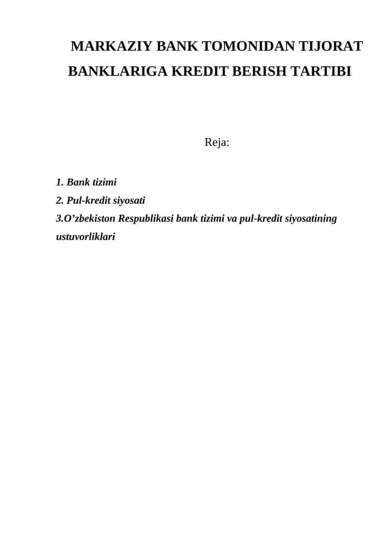 O'zbekiston Respublikasi Tijorat banklari Markaziy bankdan kredit olish tartibi 1