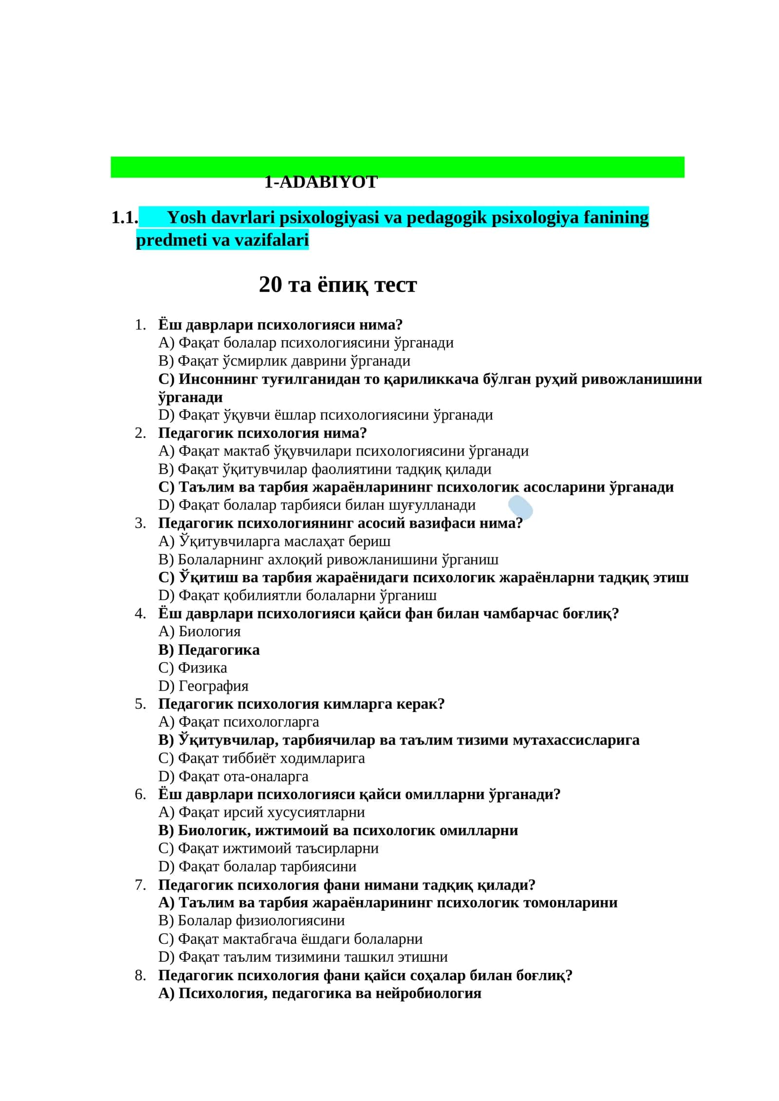 Yosh davrlari psixologiyasi va pedagogik psixologiya fanining predmeti va vazifalari 1
