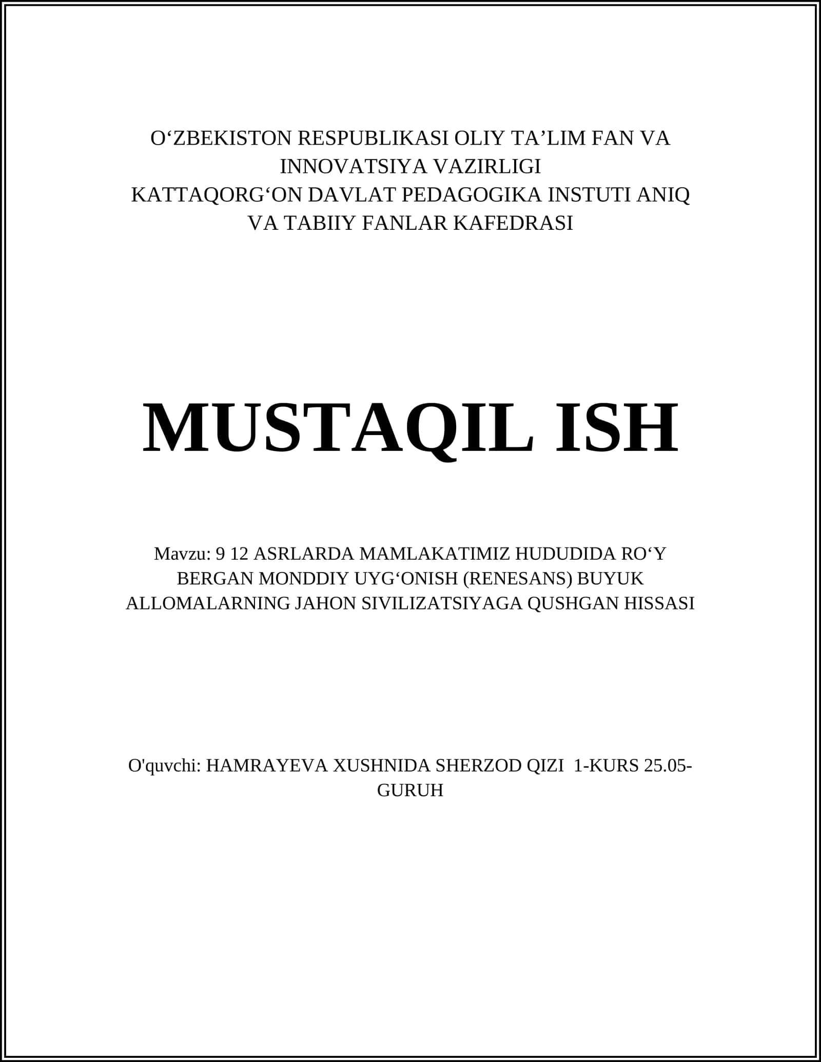 IX—XII asrlarda Samanid davlati va mintaqaviy mondiy uygʻonish (Renessans) 1