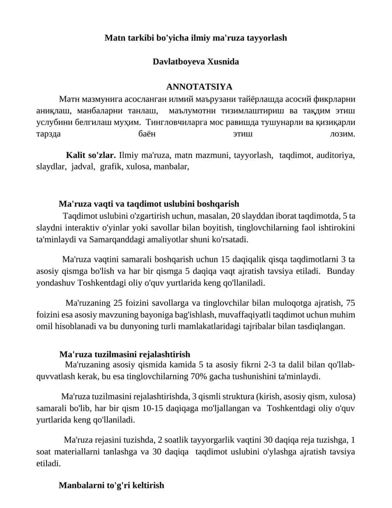 Matn tarkibi bo'yicha ilmiy ma'ruza tayyorlash 1