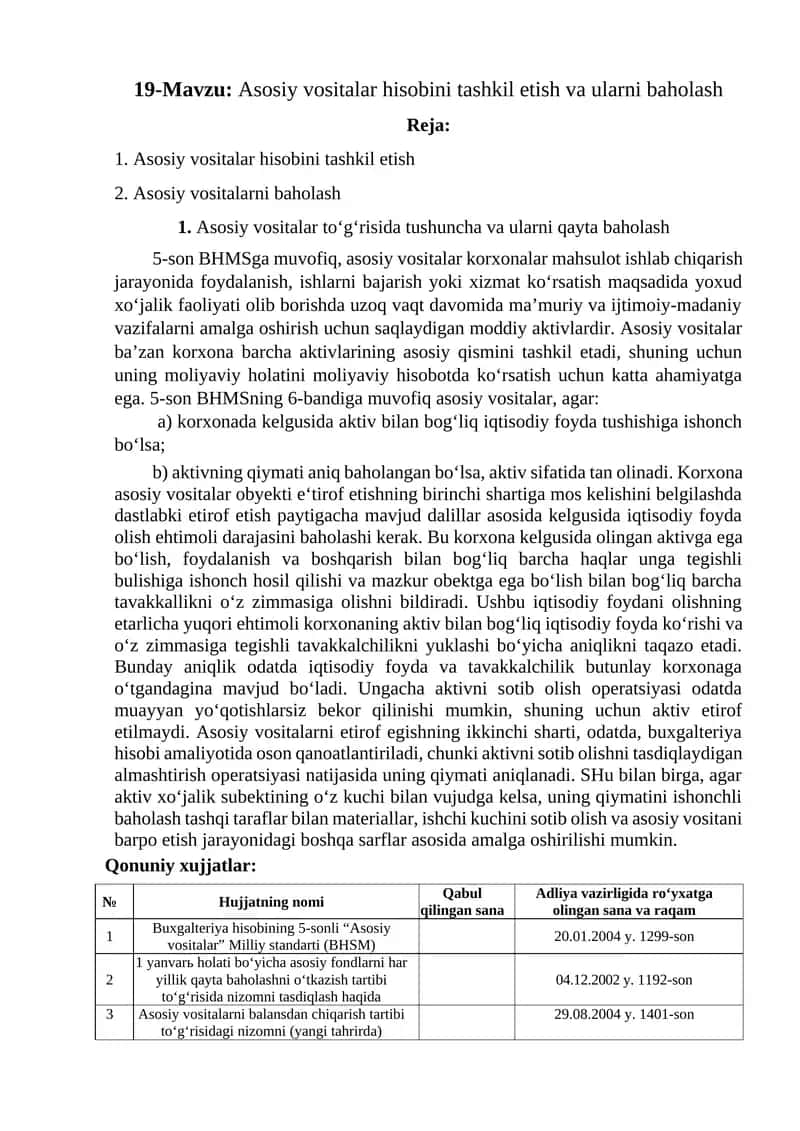 Asosiy vositalar hisobini tashkil etish va ularni baholash 1