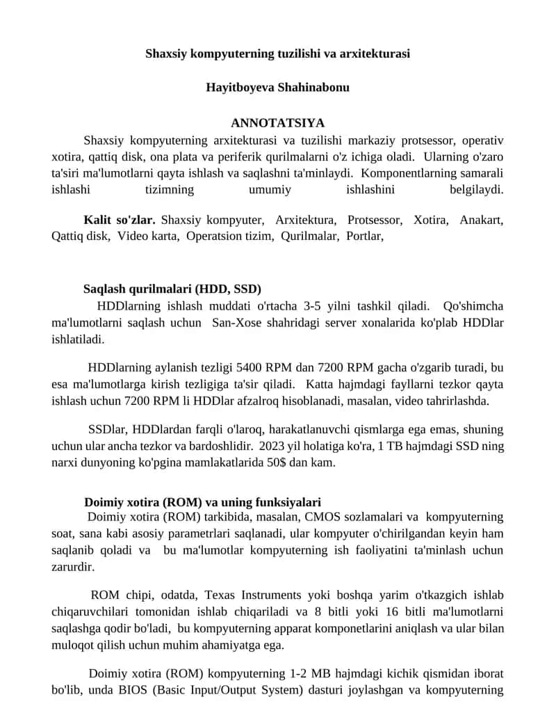 Shaxsiy kompyuterning tuzilishi va arxitekturasi 1