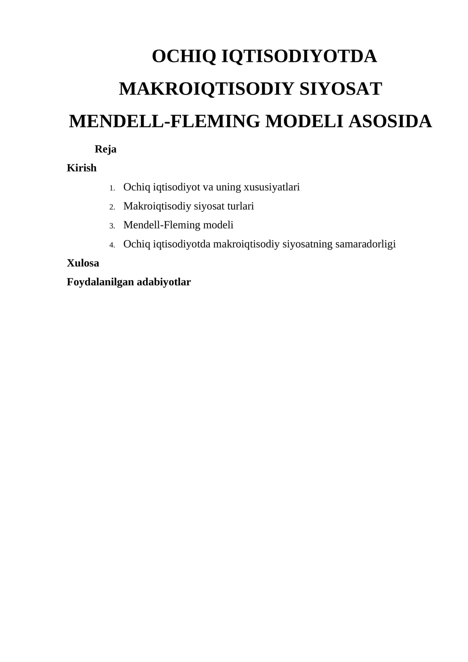 OCHIQ IQTISODIYOTDA MAKROIQTISODIY SIYOSAT MENDELL-FLEMING MODELI ASOSIDA 1