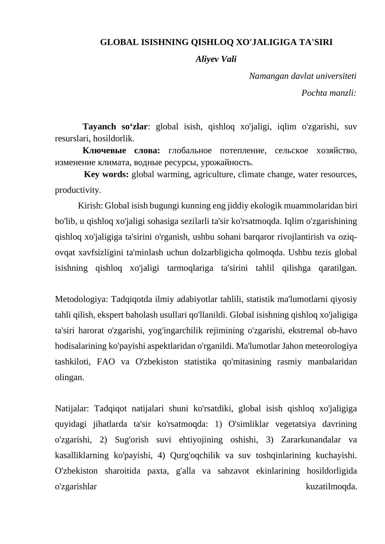 GLOBAL ISISHNING QISHLOQ XO'JALIGIGA TA'SIRI 1