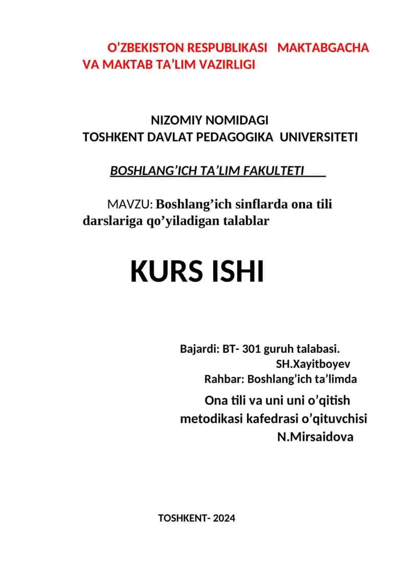 Boshlang’ich sinflarda ona tili darslariga qo’yiladigan talablar 1