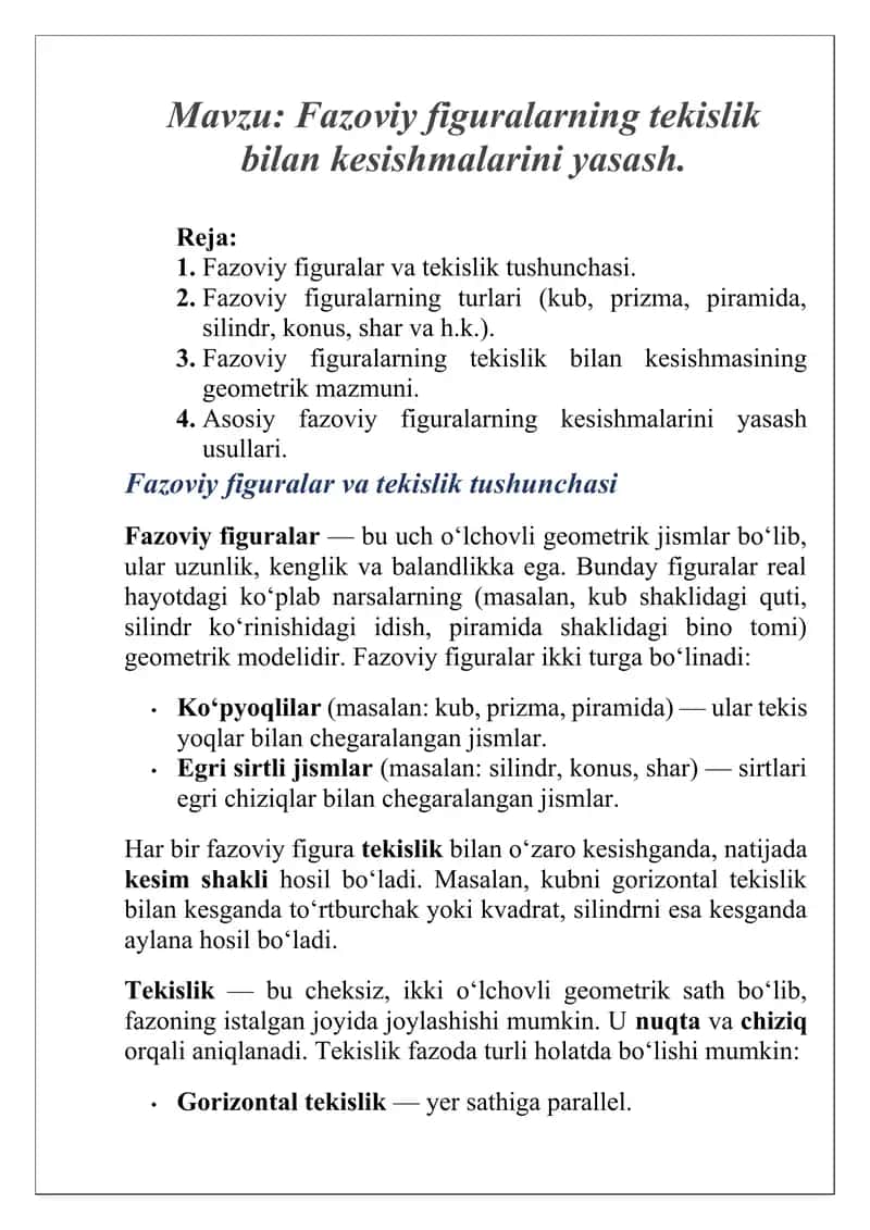 Fazoviy figuralar va tekislik tushunchasi 1