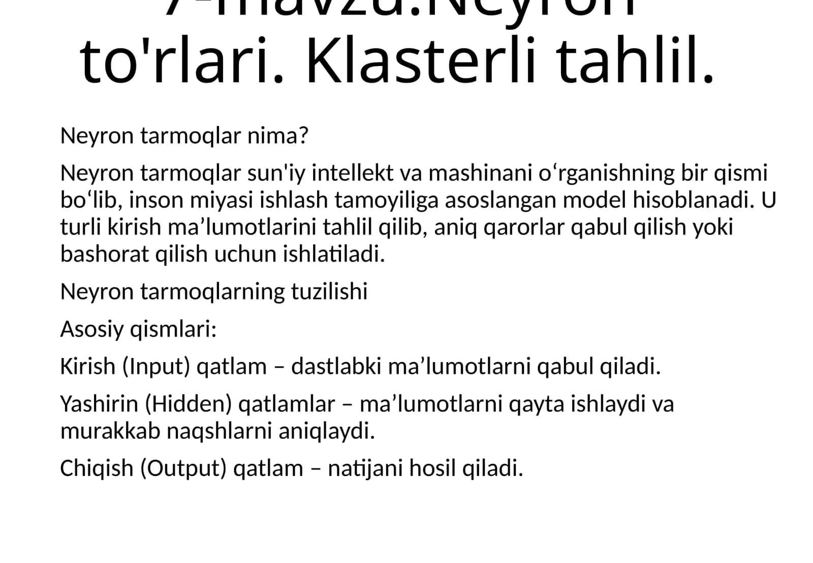 Neyron to'rlari. Klasterli tahlil 1