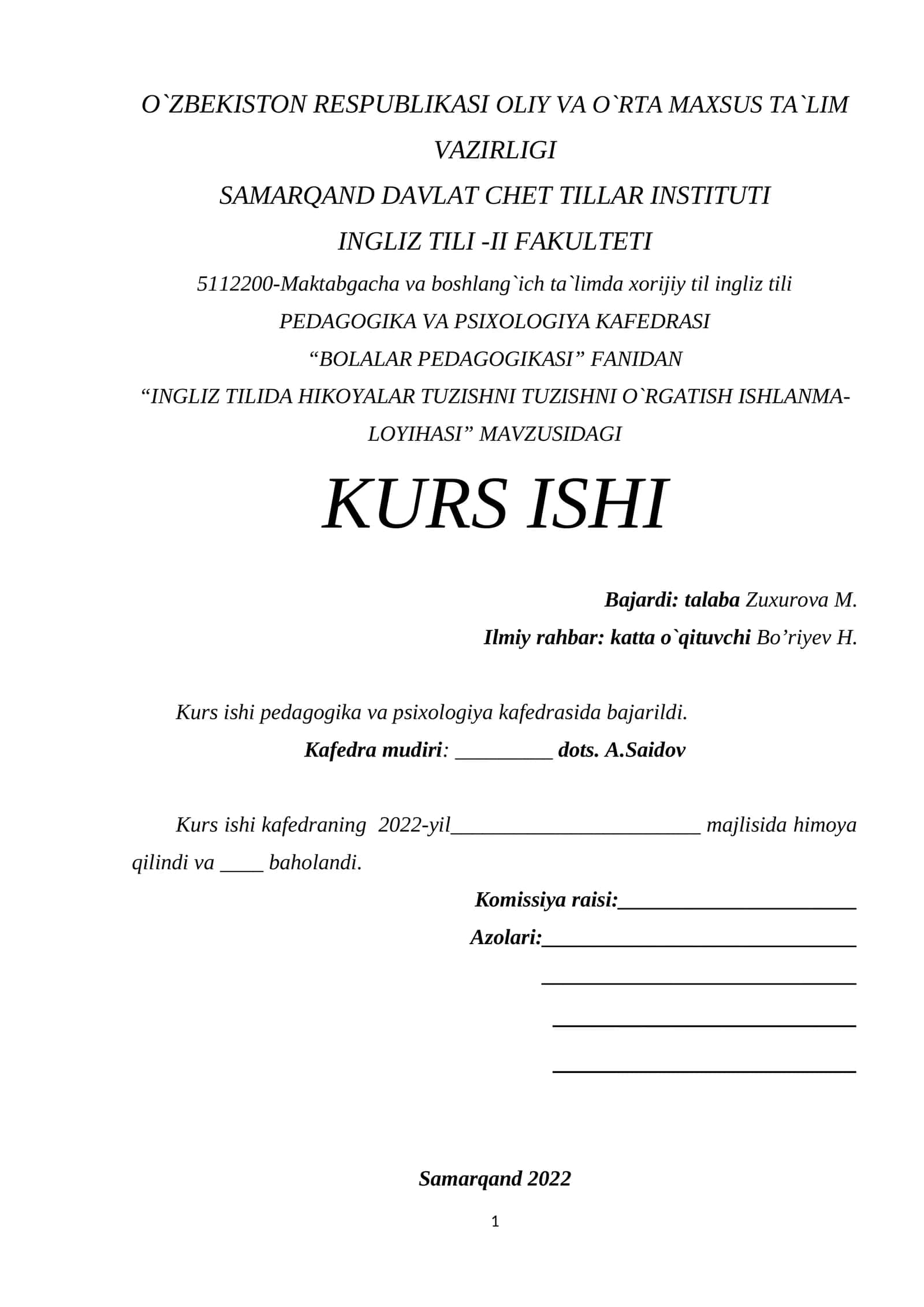 "INGLIZ TILIDA HIKOYALAR TUZISHNI TUZISHNI O`RGATISH ISHLANMA-LOYIHASI" 1