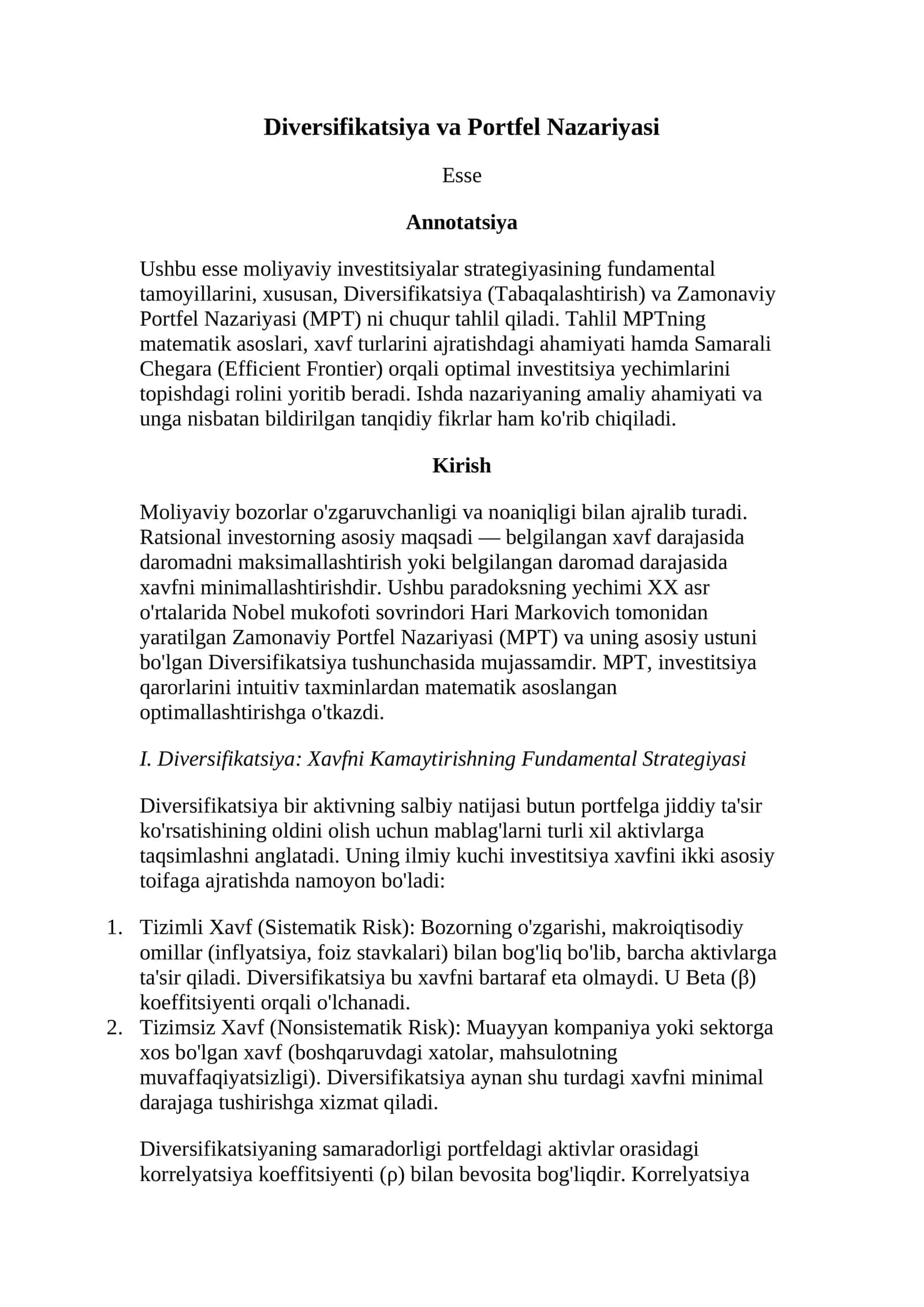 Diversifikatsiya va Portfel Nazariyasi 1