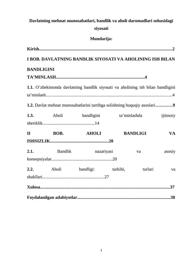Davlatning mehnat munosabatlari, bandlik va aholi daromadlari sohasidagi siyosati 1