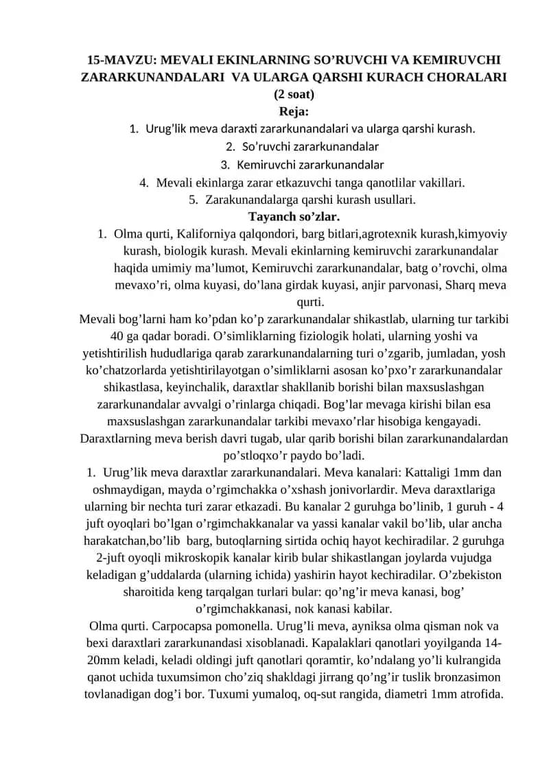 MEVALI EKINLARNING SO’RUVCHI VA KEMIRUVCHI ZARARKUNANDALARI VA ULARGA QARSHI KURACH CHORALARI 1