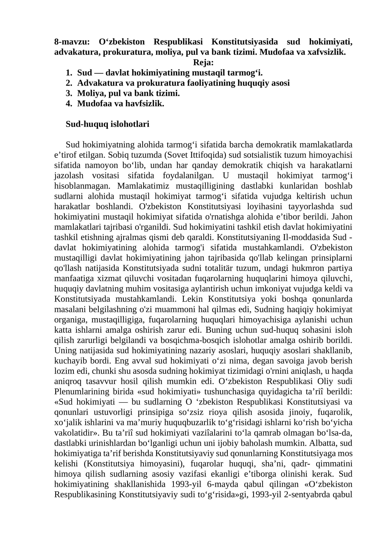 Sud hokimiyati. Advokatura, prokuratura, moliya 1