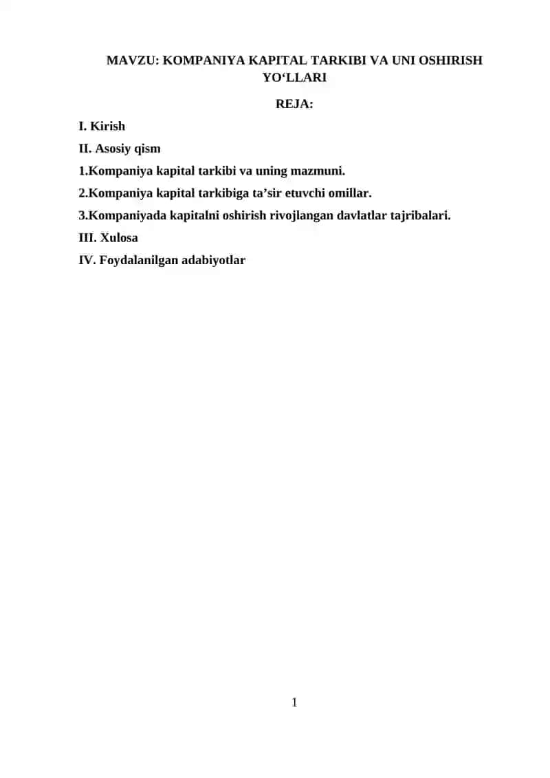 KOMPANIYA KAPITAL TARKIBI VA UNI OSHIRISH YOʻLLARI