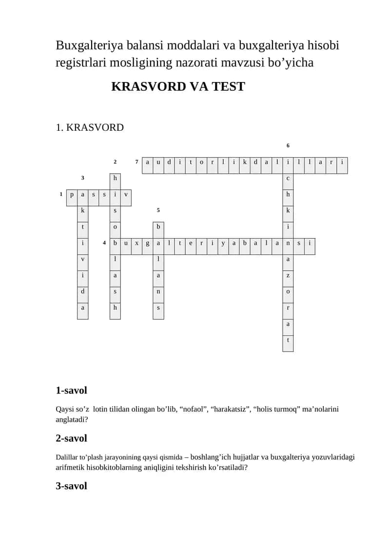 buxgalteriya va audit fanidan test va krasvord 1