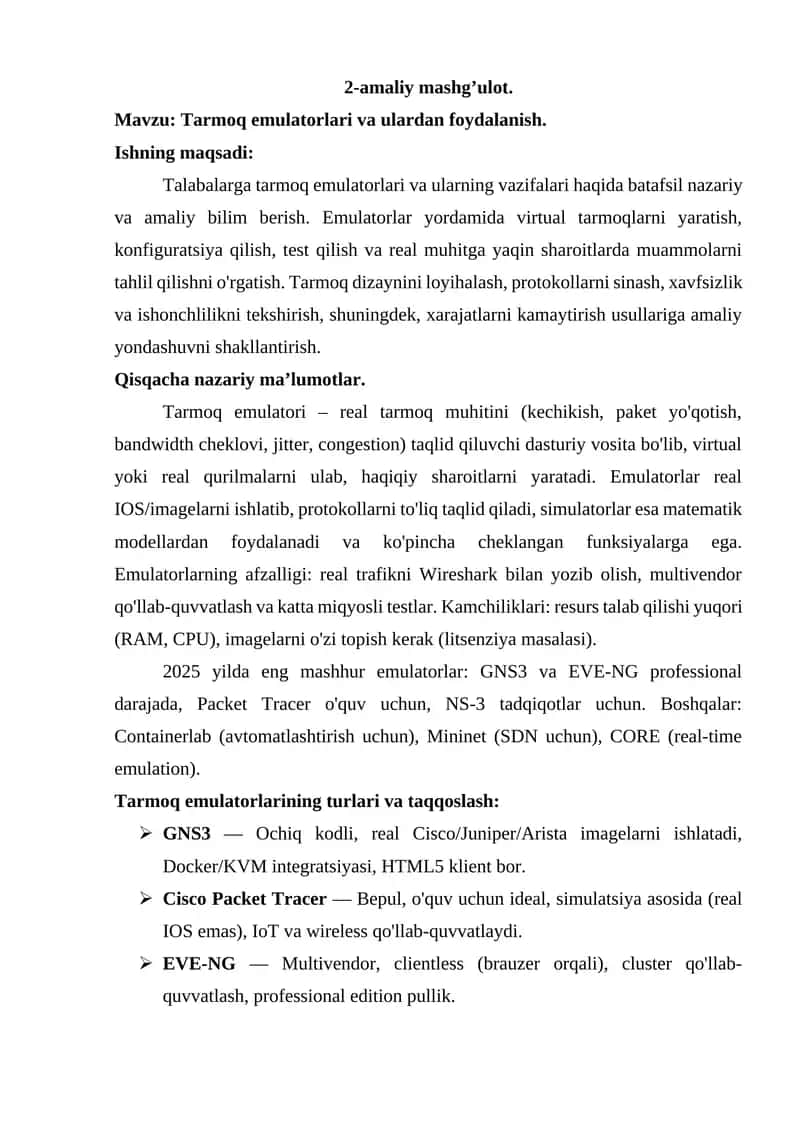 Tarmoq emulatorlari va ulardan foydalanish 1