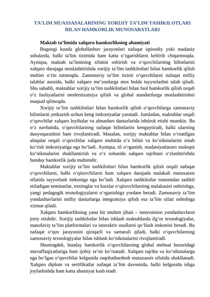 Xorijiy ta’lim tashkilotlari bilan hamkorlik munosabatlari 1