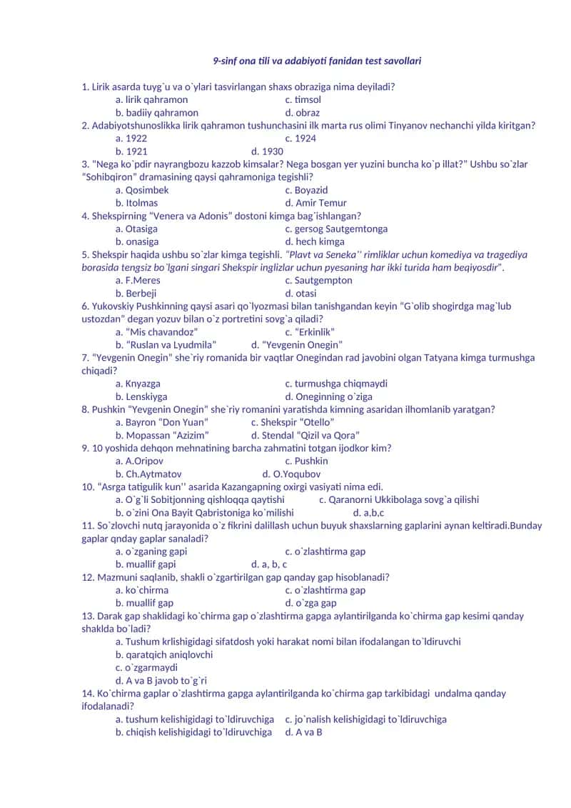9-sinf ona tili va adabiyoti fanidan test savollari 1