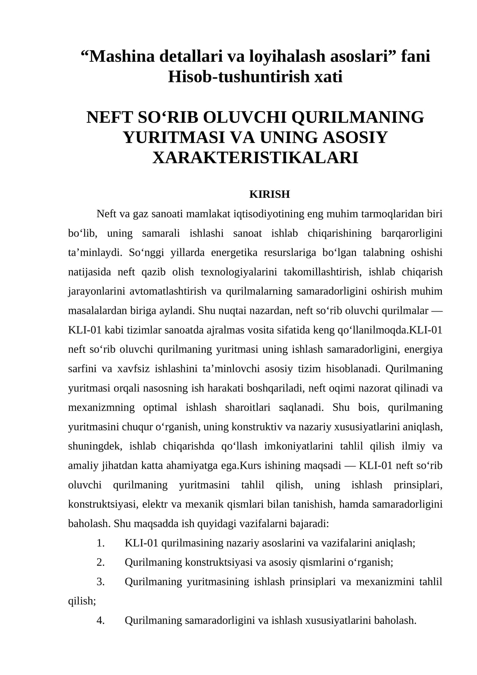 Neft so‘rib oluvchi qurilmaning yuritmasi va uning asosiy xarakteristikalari 1