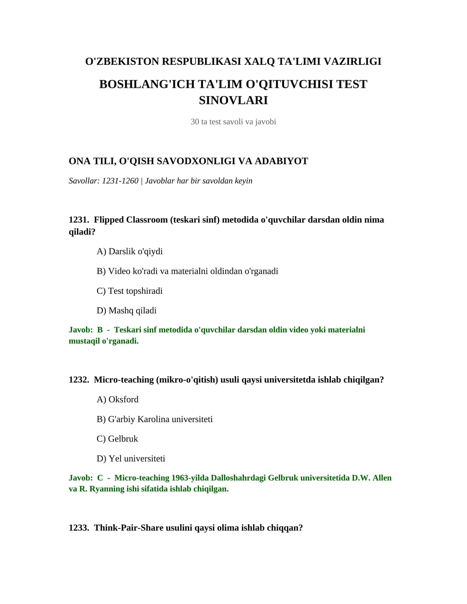 BOSHLANG'ICH TA'LIM O'QITUVCHISI TEST SINOVLARI 1
