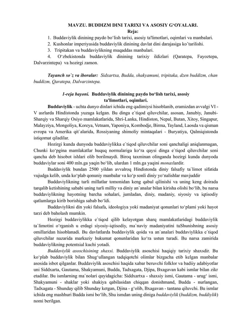 Buddizm dini tarixi va asosiy g‘oyalari 1