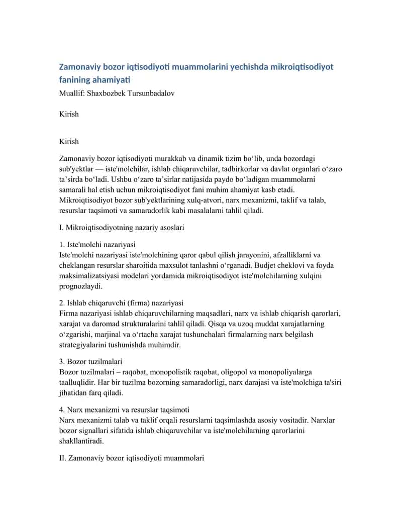 Zamonaviy bozor iqtisodiyoti muammolarini yechishda mikroiqtisodiyot fanining ahamiyati 1