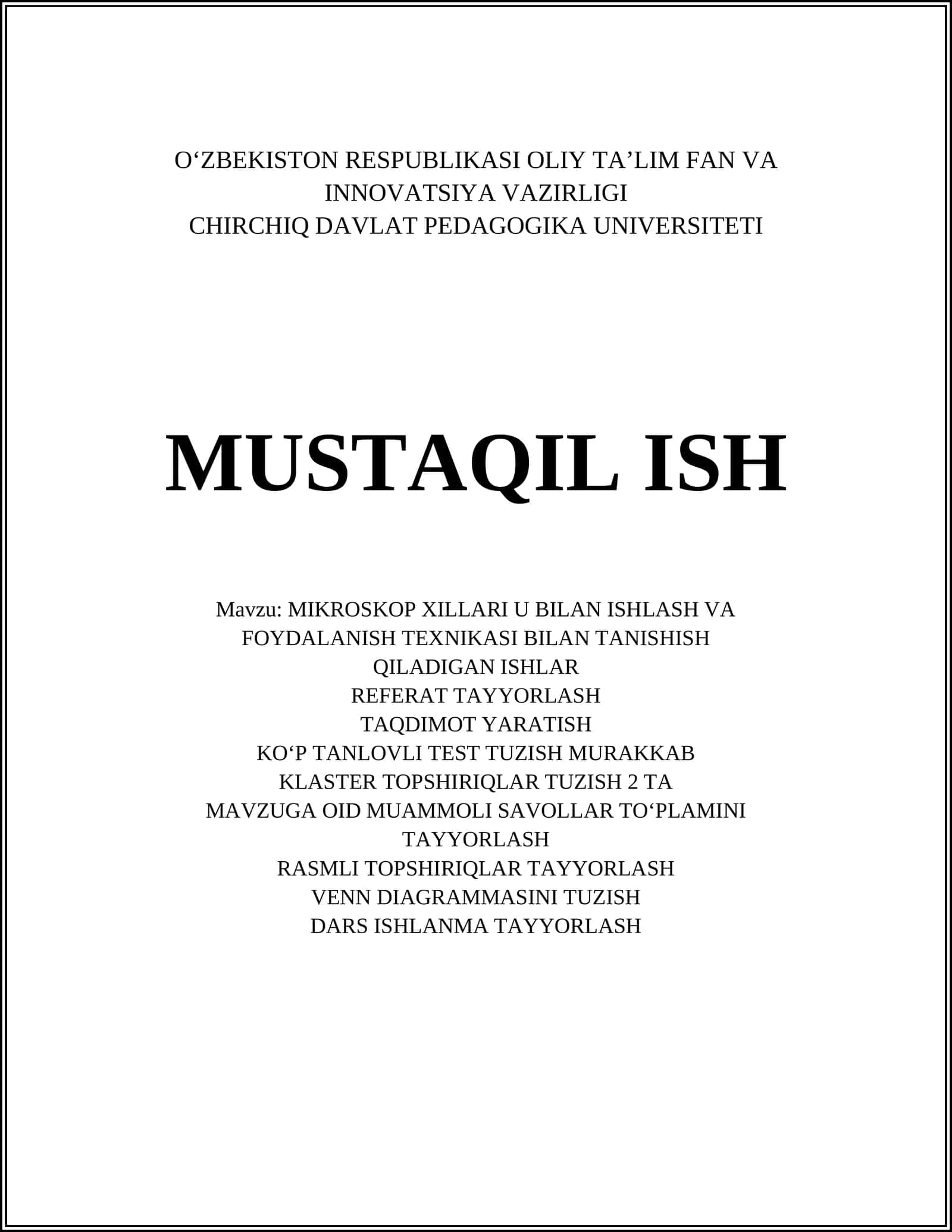 MIKROSKOP XILLARI U BILAN ISHLASH VA FOYDALANISH TEXNIKASI BILAN TANISHISH 1